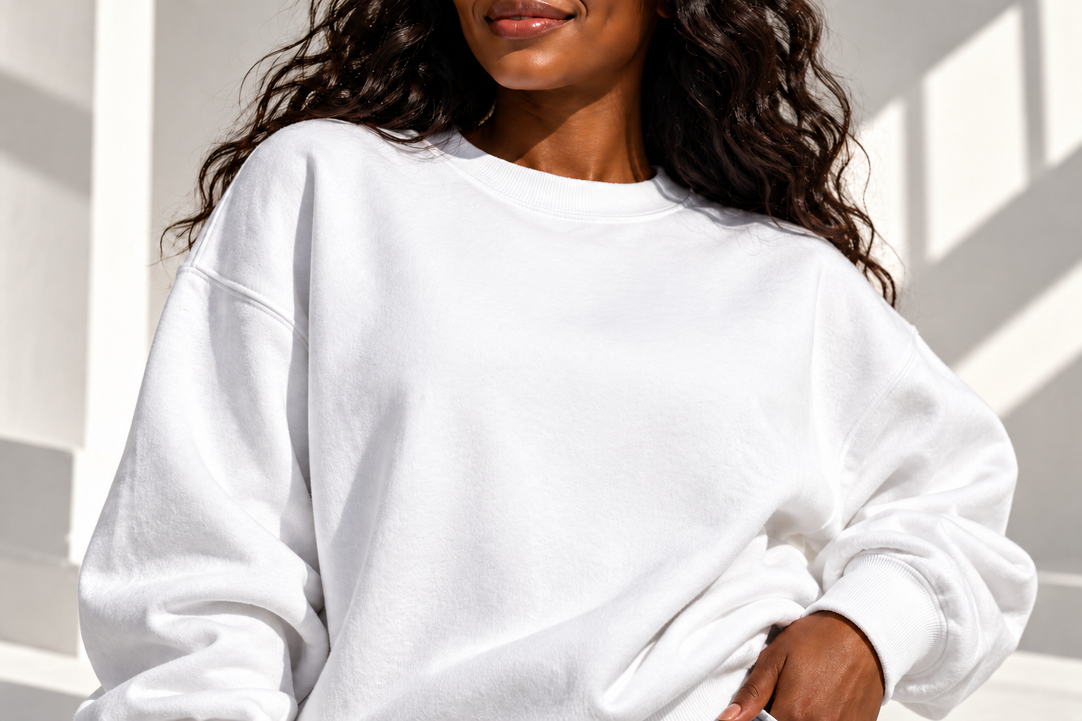 Close view of a white cotton sweatshirt