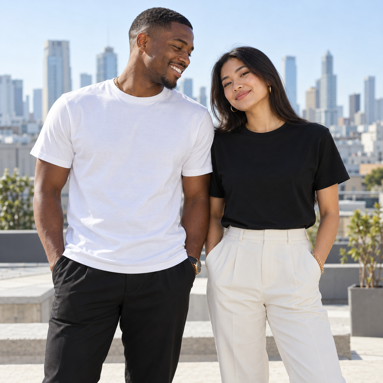 A Black man and Asian woman in white and black Manifesting apparel on a sunlit rooftop