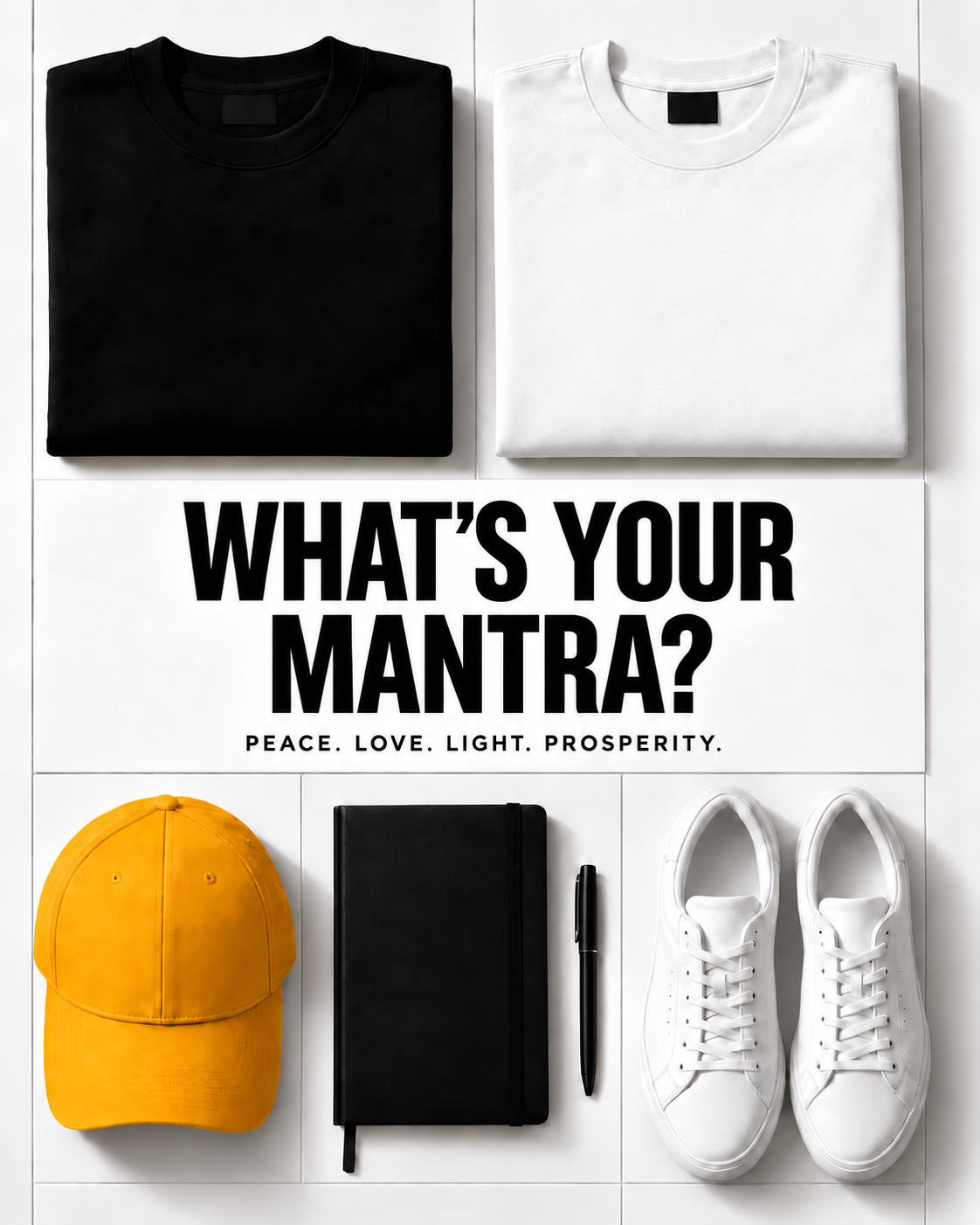 Manifesting merchandise editorial with black and white apparel, a yellow cap, journal and white shoes around What’s your mantra?